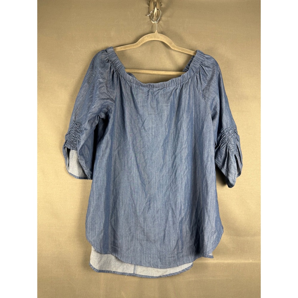 Umgee Top Womens Medium Blue Chambray Off Shoulder Ruched 3/4 Sleeve G1676